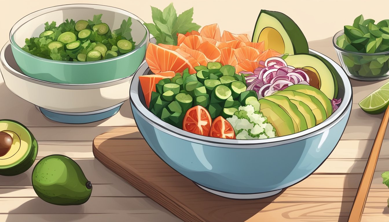 A colorful poke bowl sits on a wooden table, surrounded by fresh ingredients like avocado, cucumber, and marinated fish