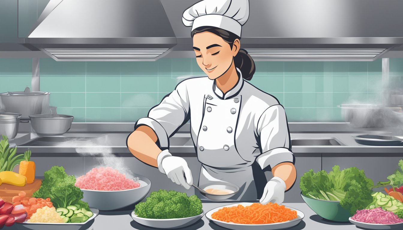 A chef prepares fresh poke bowls in a clean kitchen, using gloves and following food safety guidelines