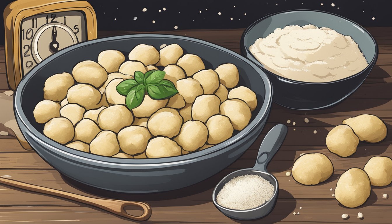 A bowl of freshly prepared gnocchi sits on a rustic wooden table, surrounded by scattered flour and a rolling pin. A timer shows the time since it was made