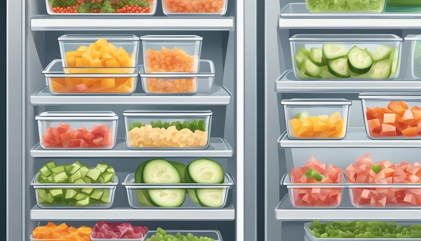 A refrigerator with neatly organized shelves holding various containers of freshly prepared poke bowls, sealed with plastic wrap or lids