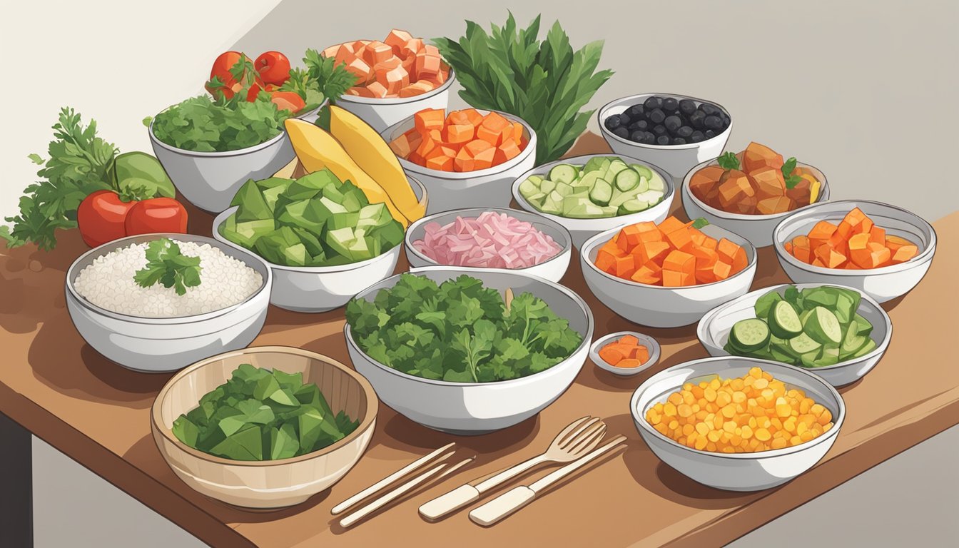 A colorful array of fresh ingredients arranged on a kitchen counter, including cubed raw fish, rice, and various toppings for poke bowls