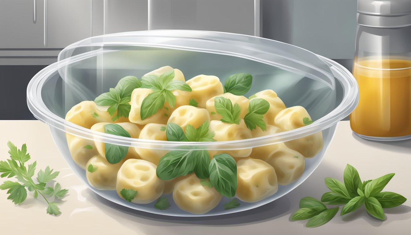 A bowl of freshly prepared gnocchi with herbs and sauce, covered with plastic wrap, placed in the refrigerator