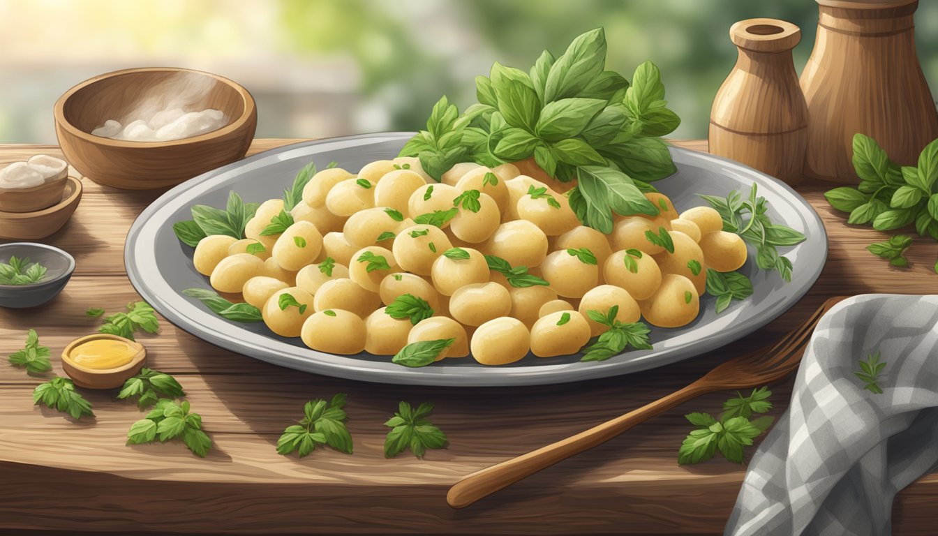 A plate of freshly prepared gnocchi sits on a rustic wooden table, surrounded by fresh herbs and ingredients. The steam rises from the dish, indicating its warmth and freshness