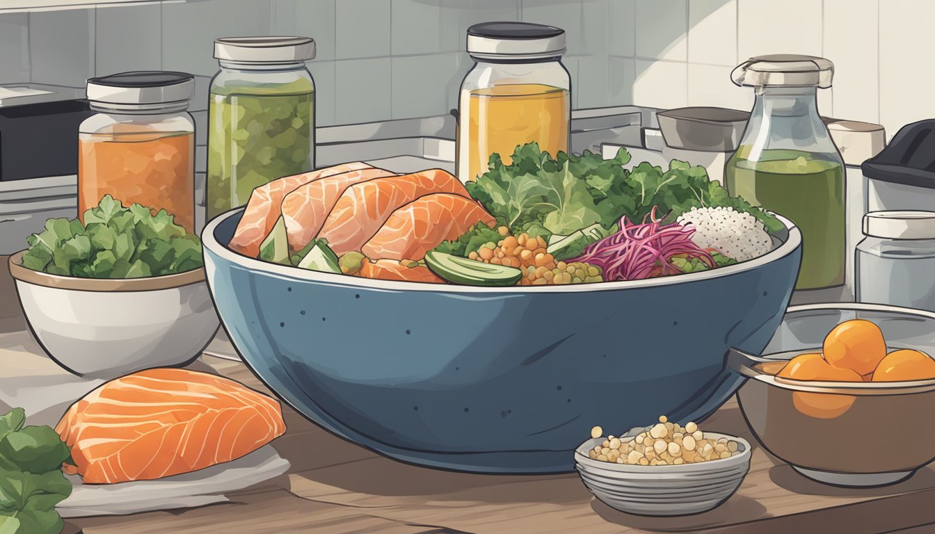 A poke bowl sits on a kitchen counter, surrounded by empty ingredient containers. The fish looks dull and has a slightly off smell