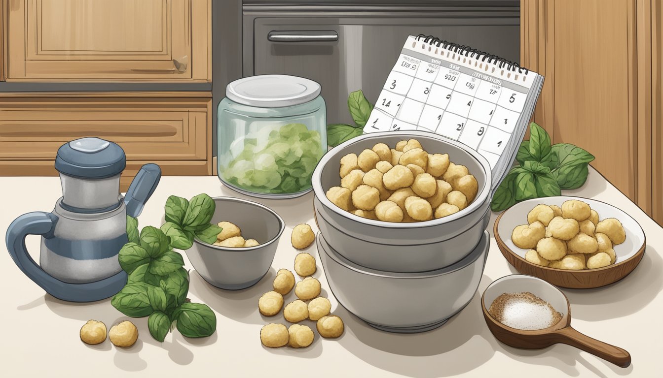 A bowl of gnocchi sits on a kitchen counter, surrounded by ingredients and a calendar. The gnocchi is starting to show signs of spoilage with mold beginning to form on its surface