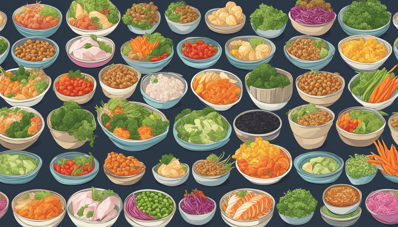 A colorful array of fresh fish, vibrant vegetables, and flavorful sauces arranged in homemade and store-bought poke bowls, with a clear expiration date label