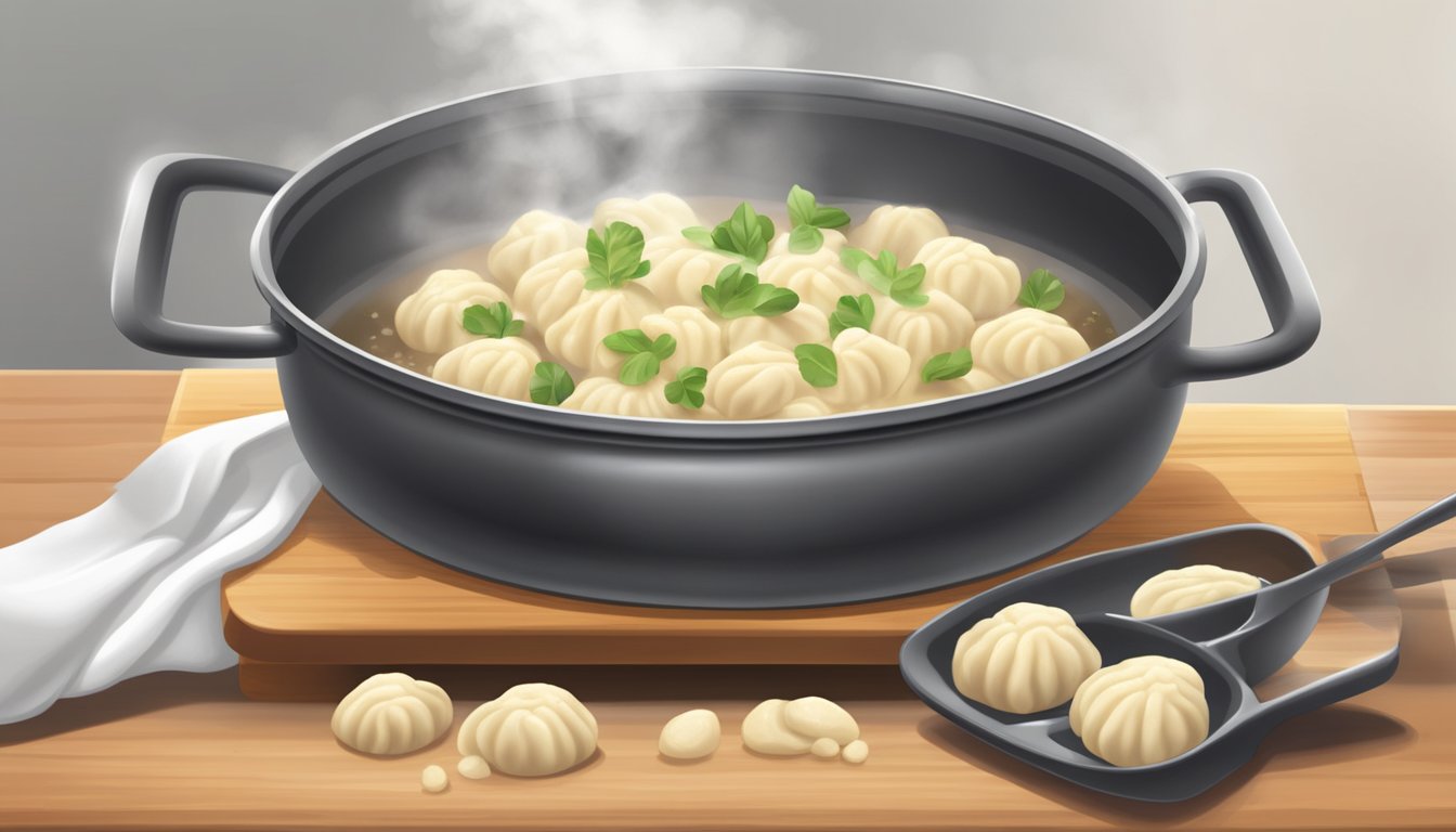 A pot of freshly prepared gnocchi sitting on a wooden cutting board, steam rising from the tender dumplings. A fork rests nearby, ready for consumption