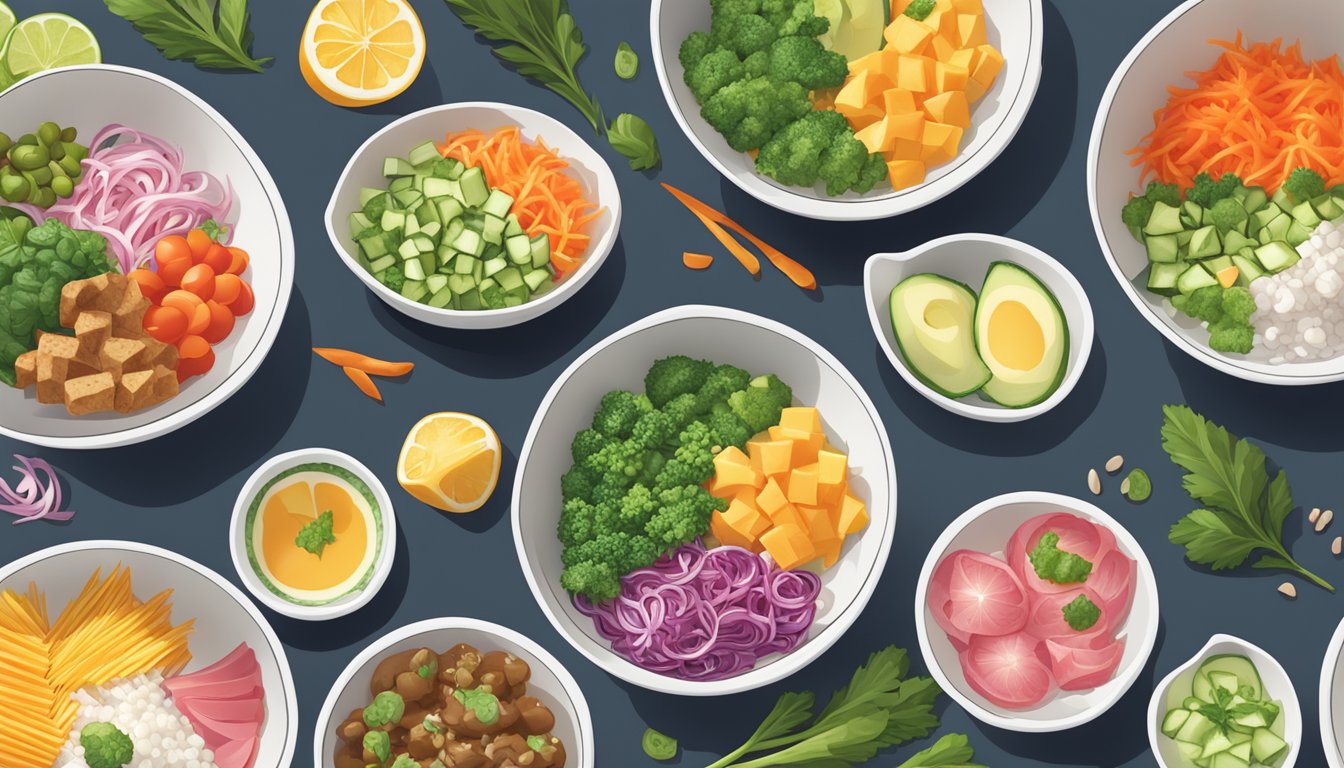 A colorful array of fresh poke bowl ingredients arranged on a clean, modern serving dish, ready to be reheated and served