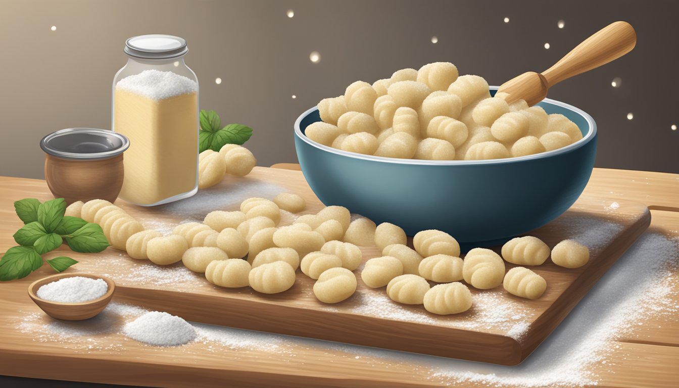 A bowl of freshly prepared gnocchi sits on a wooden cutting board, surrounded by scattered flour and a rolling pin