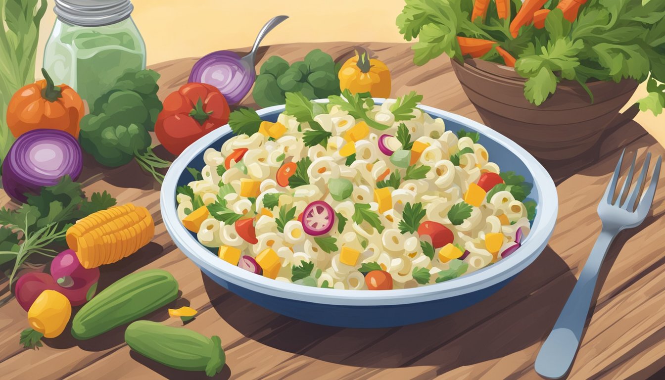 A bowl of macaroni salad sits on a picnic table, surrounded by colorful vegetables and herbs. A fork rests on the side of the bowl