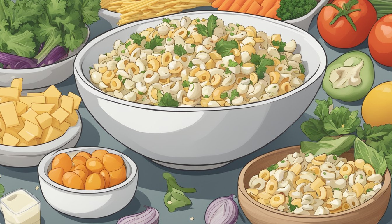 A bowl of macaroni salad sits on a kitchen counter, surrounded by ingredients like mayonnaise, vegetables, and seasonings. The salad appears freshly prepared and ready to be served