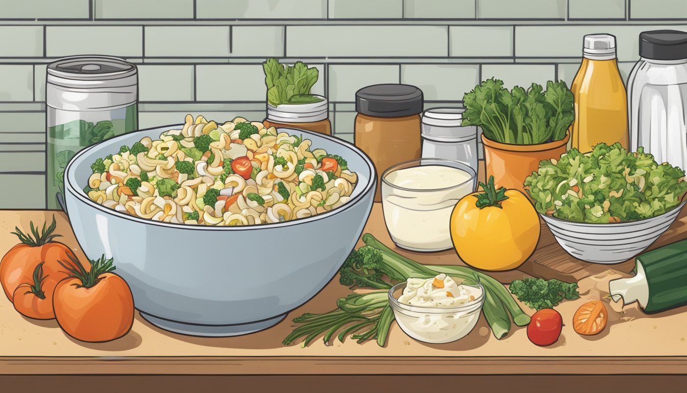 A bowl of macaroni salad sits on a kitchen counter, surrounded by various ingredients like mayonnaise, vegetables, and seasonings. The salad appears to be freshly prepared and ready to be served