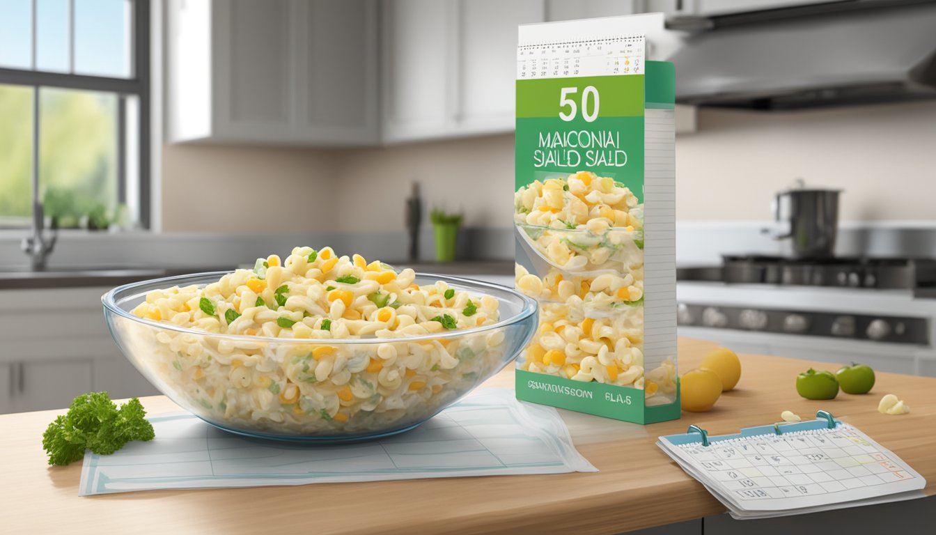 A bowl of macaroni salad sits on a kitchen counter, covered with plastic wrap. A calendar on the wall shows the current date