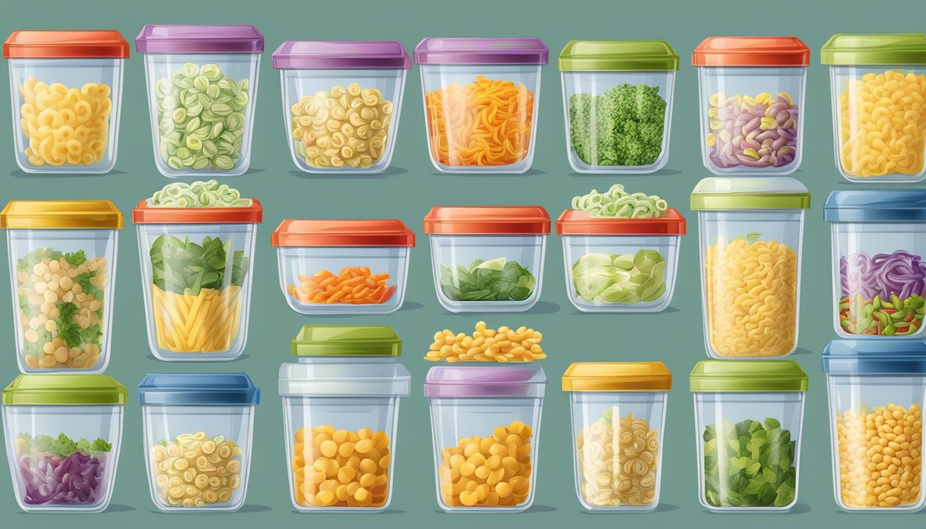 A variety of macaroni salads in sealed containers with different labels, stored in a refrigerator