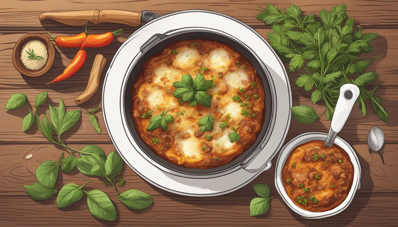 A steaming hot moussaka dish sits on a rustic wooden table, surrounded by vibrant herbs and spices. A timer on the counter shows the current time