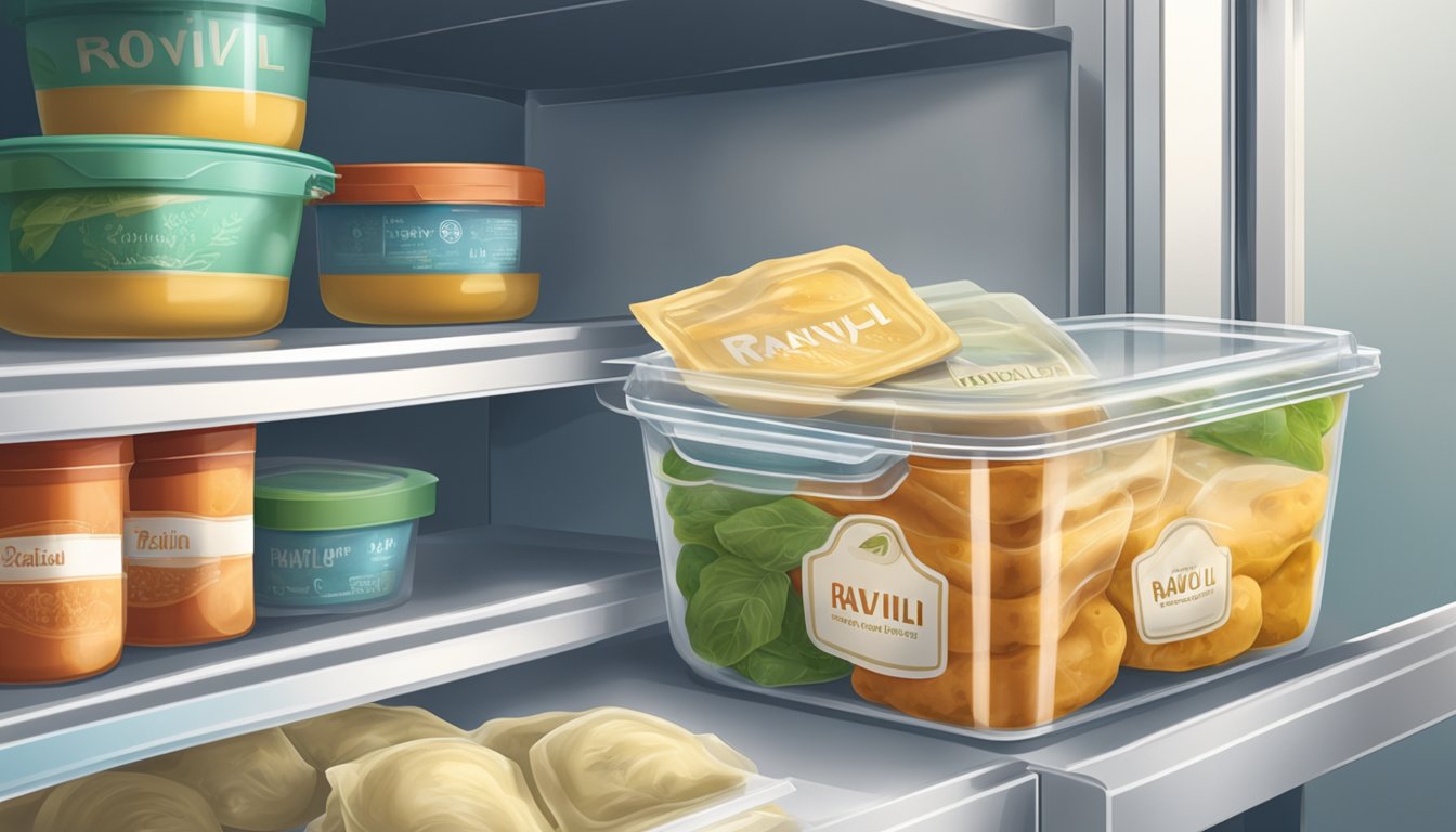 A sealed container of ravioli sits in a refrigerator next to other food items. The date of preparation is written on the container label