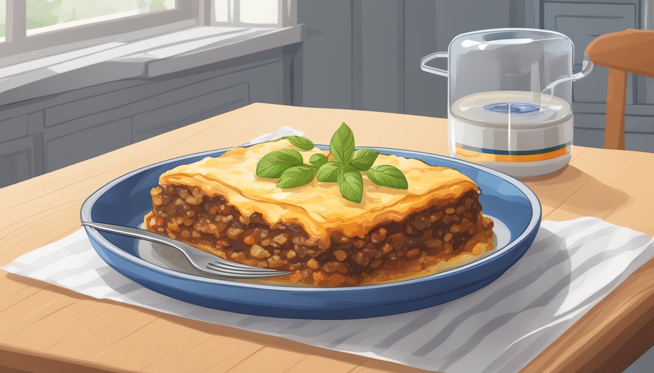 A plate of moussaka sits on a kitchen counter, covered with plastic wrap. A thermometer shows the temperature of the dish