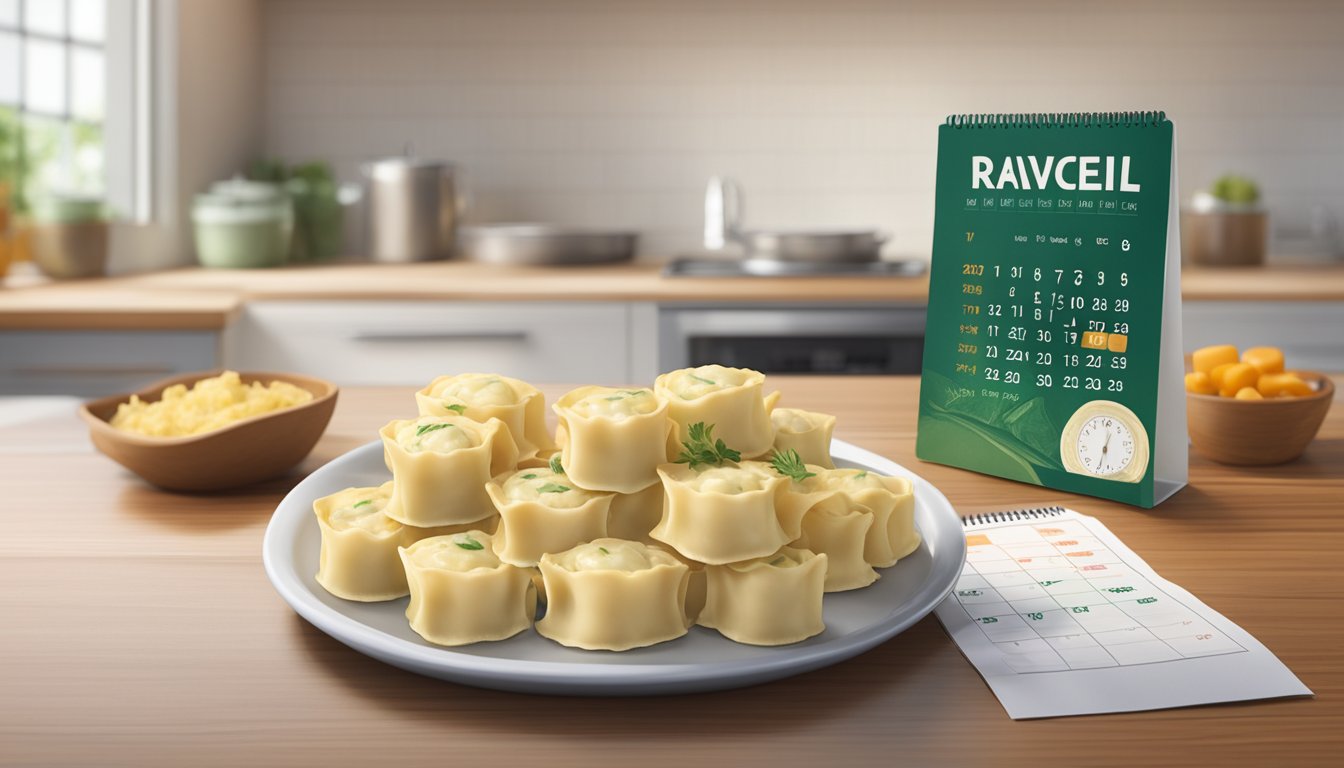 A package of freshly prepared ravioli sits on a kitchen counter, with a calendar nearby showing the current date