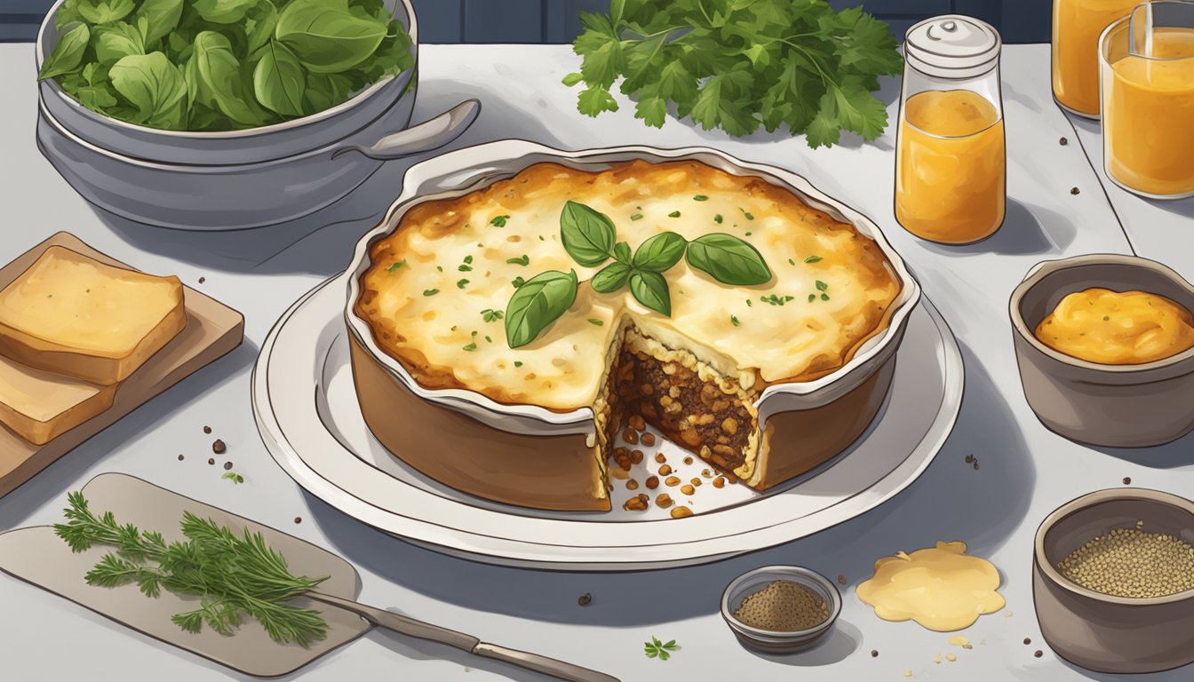 A freshly prepared moussaka sits on a kitchen counter, covered in a layer of golden brown béchamel sauce, surrounded by scattered herbs and spices