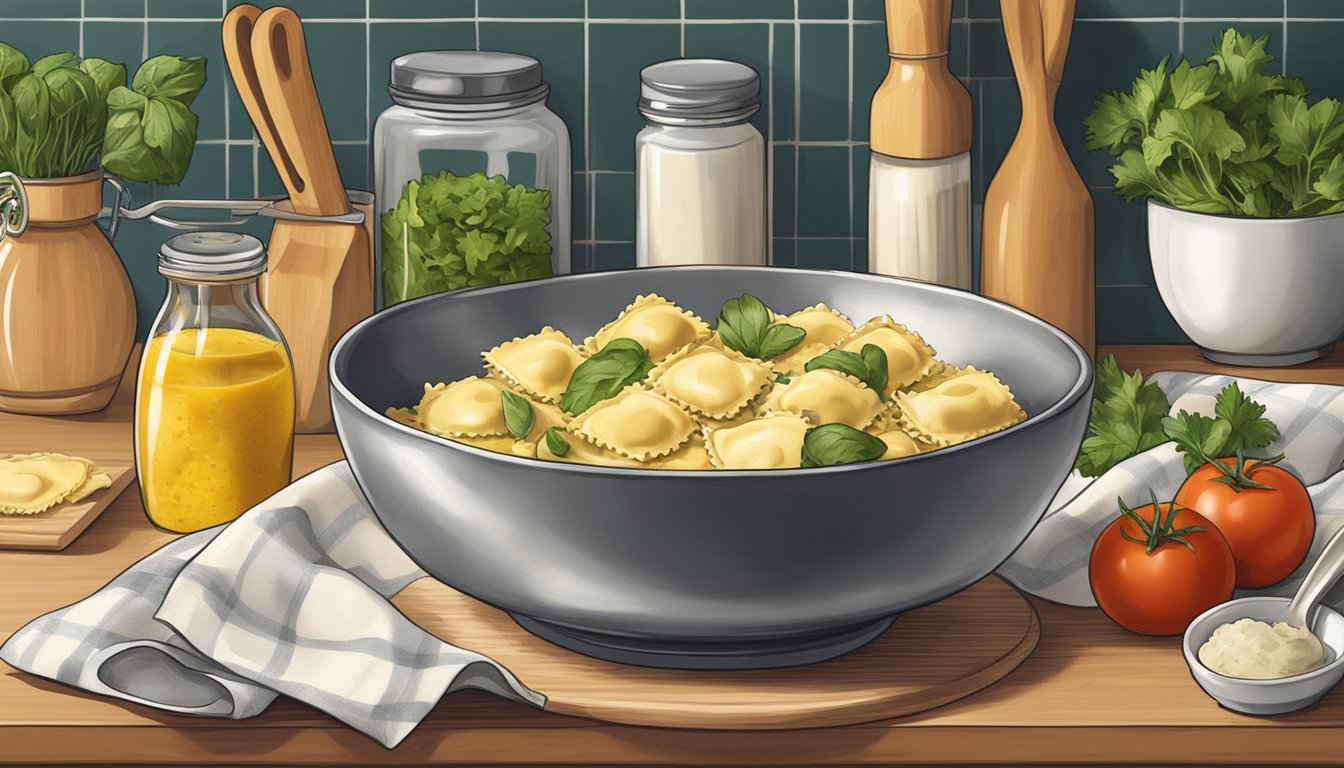 A bowl of freshly prepared ravioli sitting on a kitchen counter, surrounded by ingredients and utensils