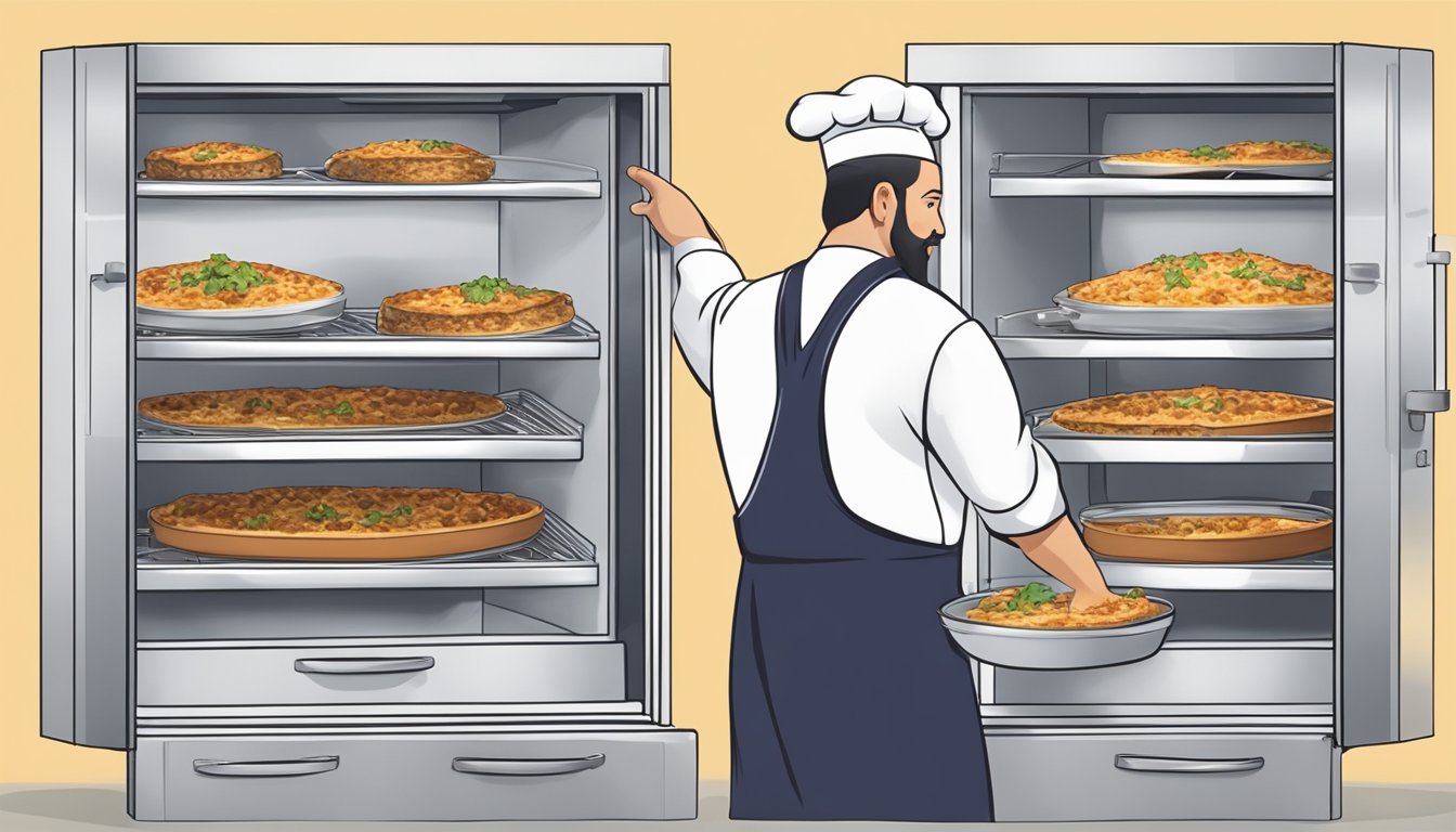 A chef placing a dish of moussaka into a freezer, then closing the door