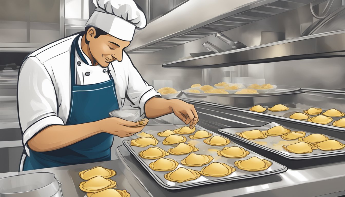 A chef placing freshly made ravioli into a sealed container with a "use by" date label