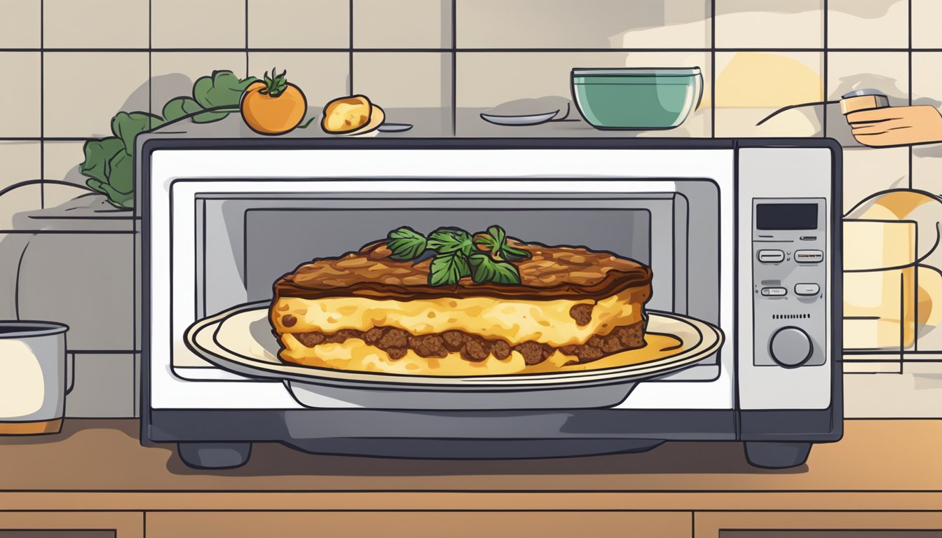 A plate of moussaka being reheated in the microwave