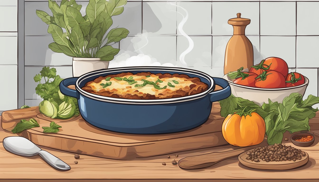 A steaming hot moussaka dish sits on a kitchen counter, surrounded by various ingredients and spices. A clock on the wall shows the current time