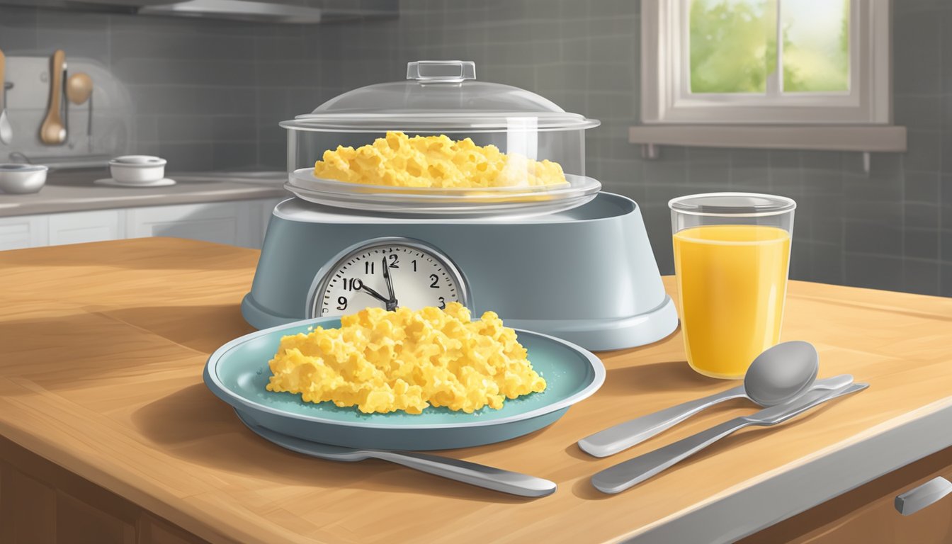 A plate of freshly prepared scrambled eggs sits on a kitchen counter, covered with a clear lid to maintain freshness. A clock on the wall indicates the current time