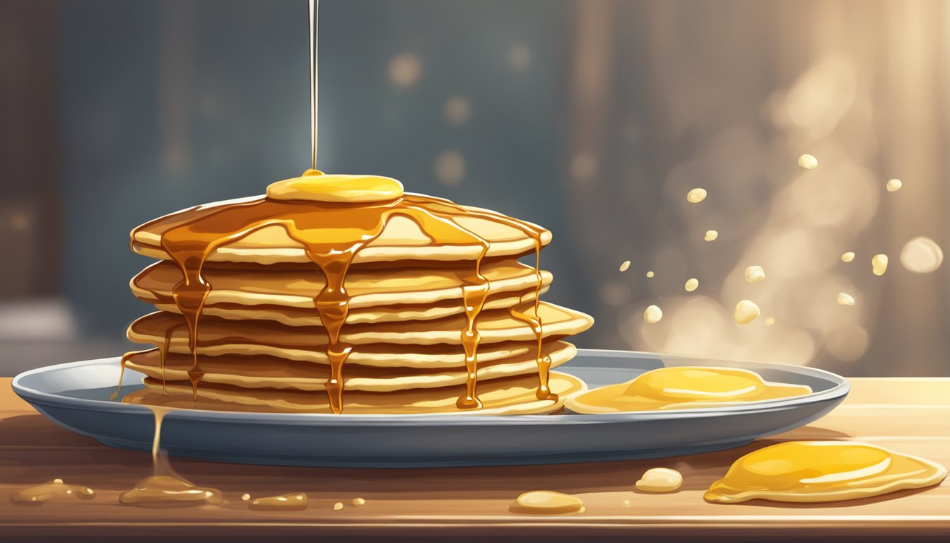 A stack of golden pancakes sits on a plate, steam rising from their fluffy surface. A dollop of melting butter and a drizzle of maple syrup complete the picture