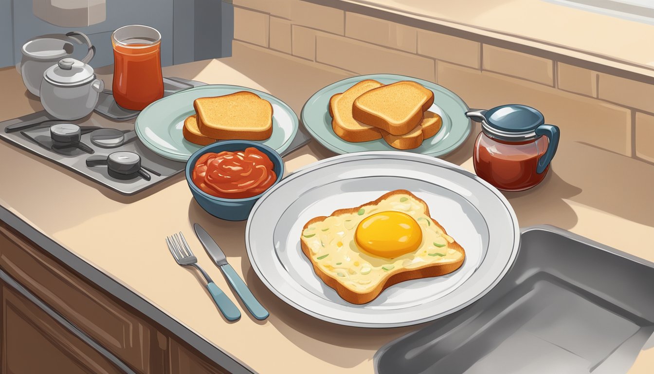 A plate of leftover scrambled eggs sits on a kitchen counter, with a few slices of toast and a dollop of ketchup on the side