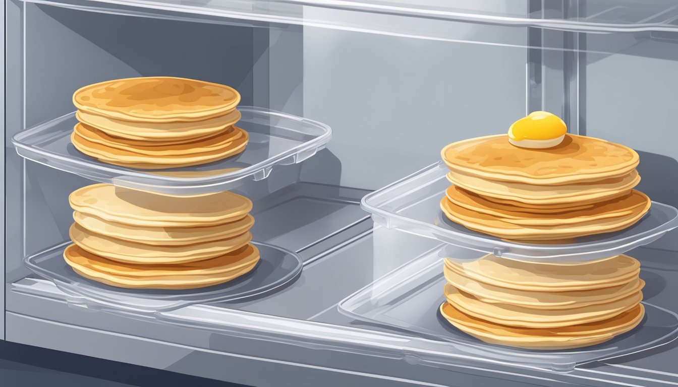 Freshly made pancakes being placed in a clear plastic container and then stored in the refrigerator