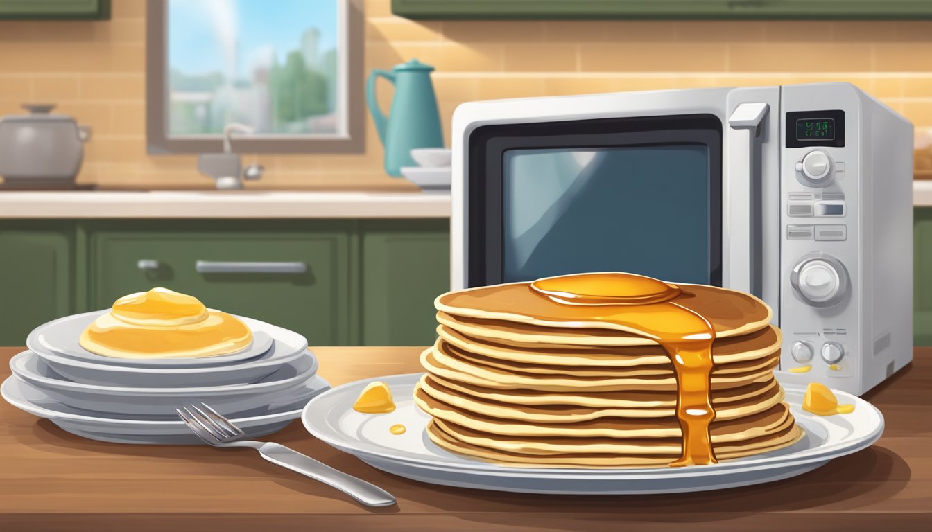 A stack of pancakes on a plate, covered in syrup, with a microwave in the background