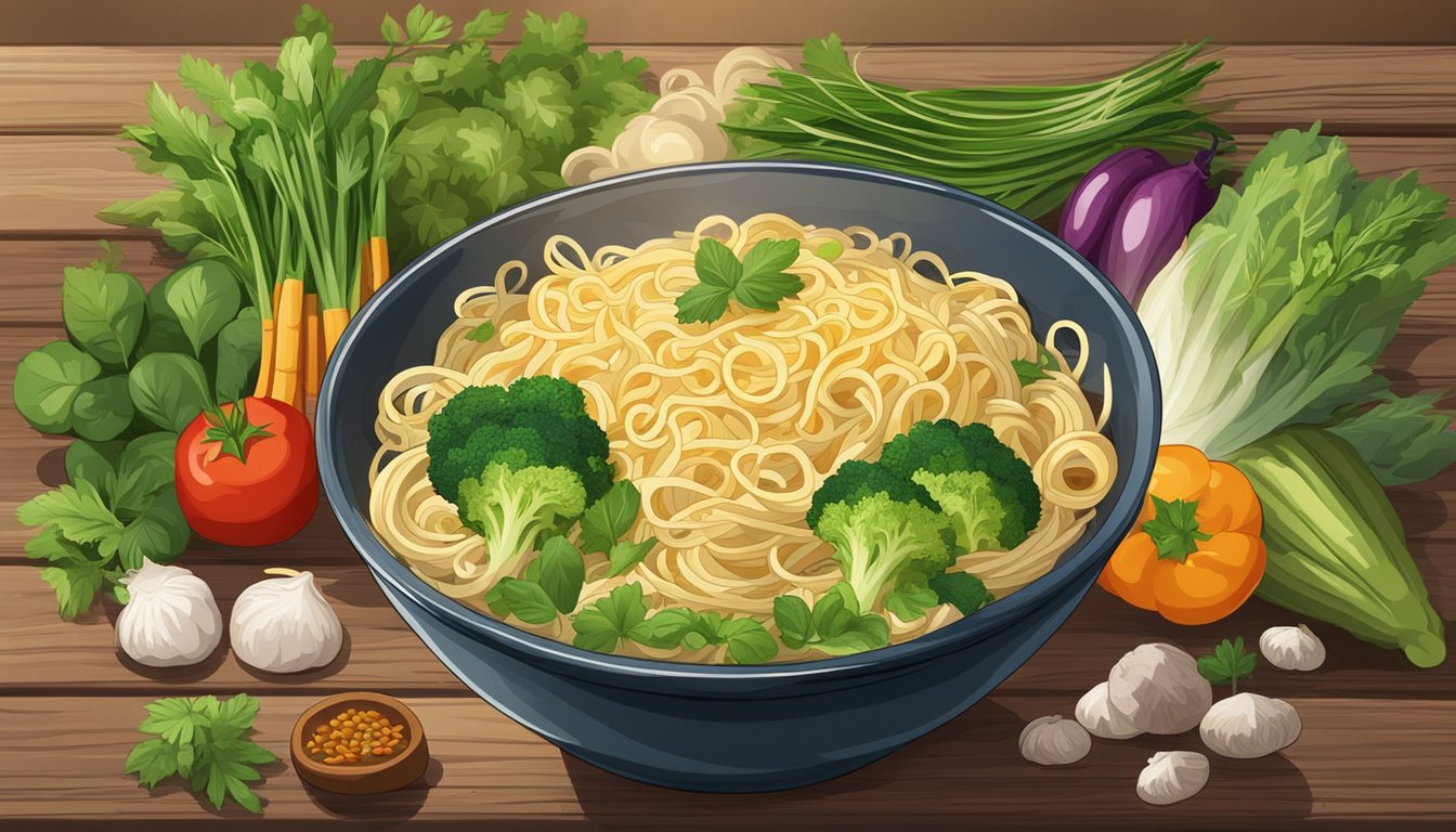 A steaming bowl of freshly prepared noodles sits on a rustic wooden table, surrounded by vibrant vegetables and aromatic herbs