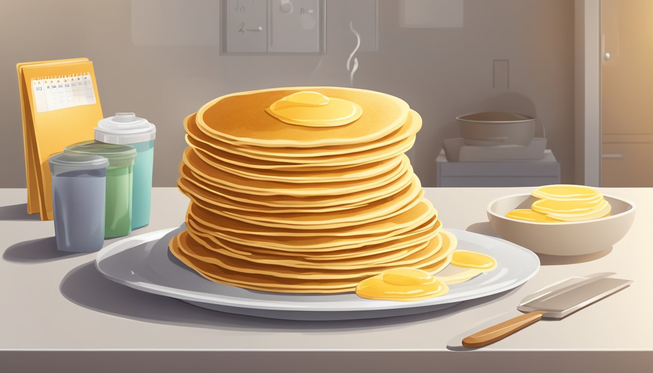 A stack of golden pancakes sits on a plate, covered with a clear, airtight lid. A calendar on the wall shows the current date