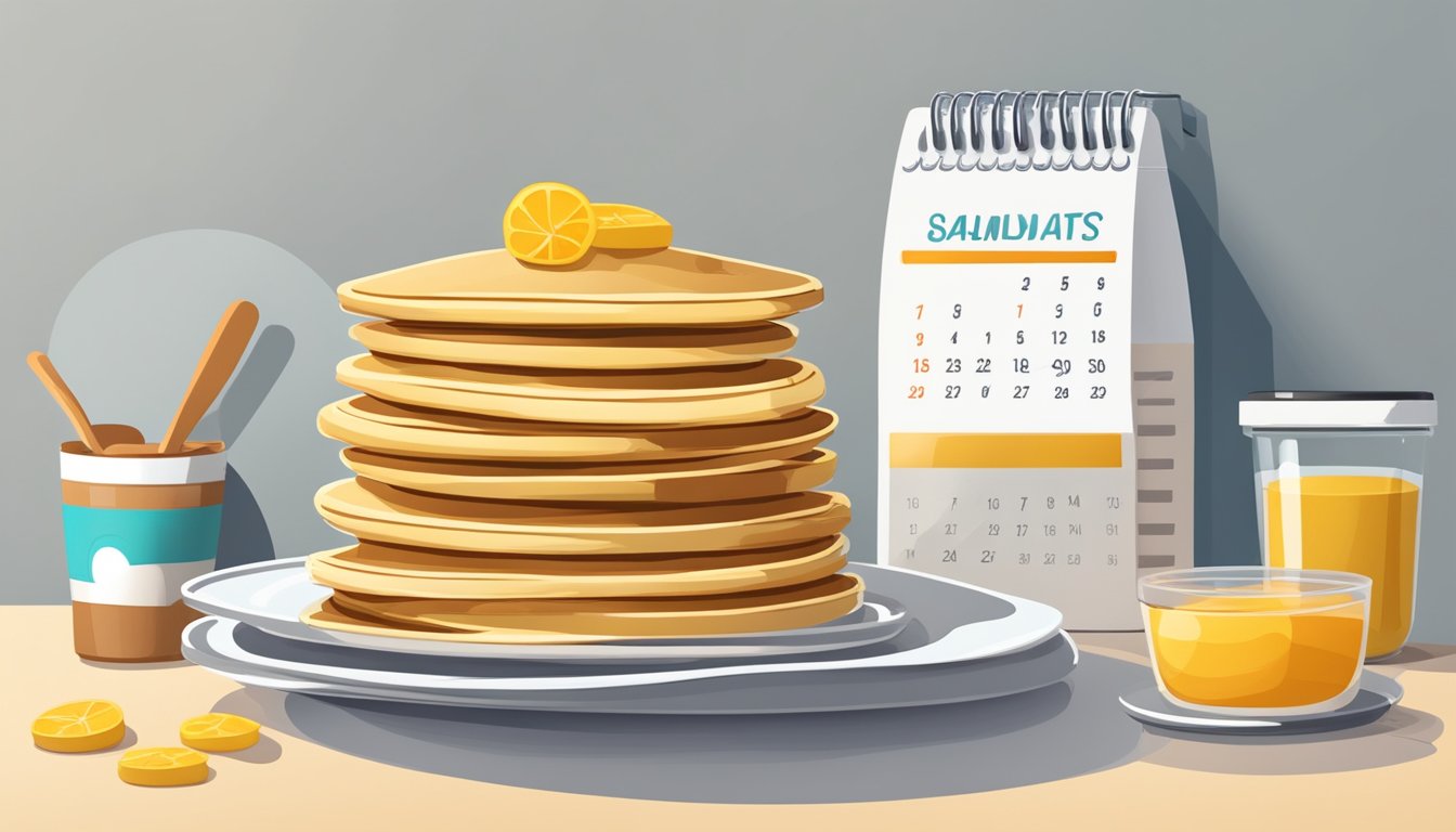 A stack of pancakes on a plate, covered with a clear food storage container. A calendar on the wall shows the current date