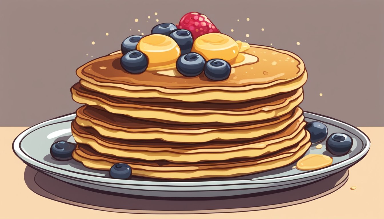 A stack of different pancakes on a plate, with toppings and syrups nearby. Some are fluffy and golden, others thin and crispy