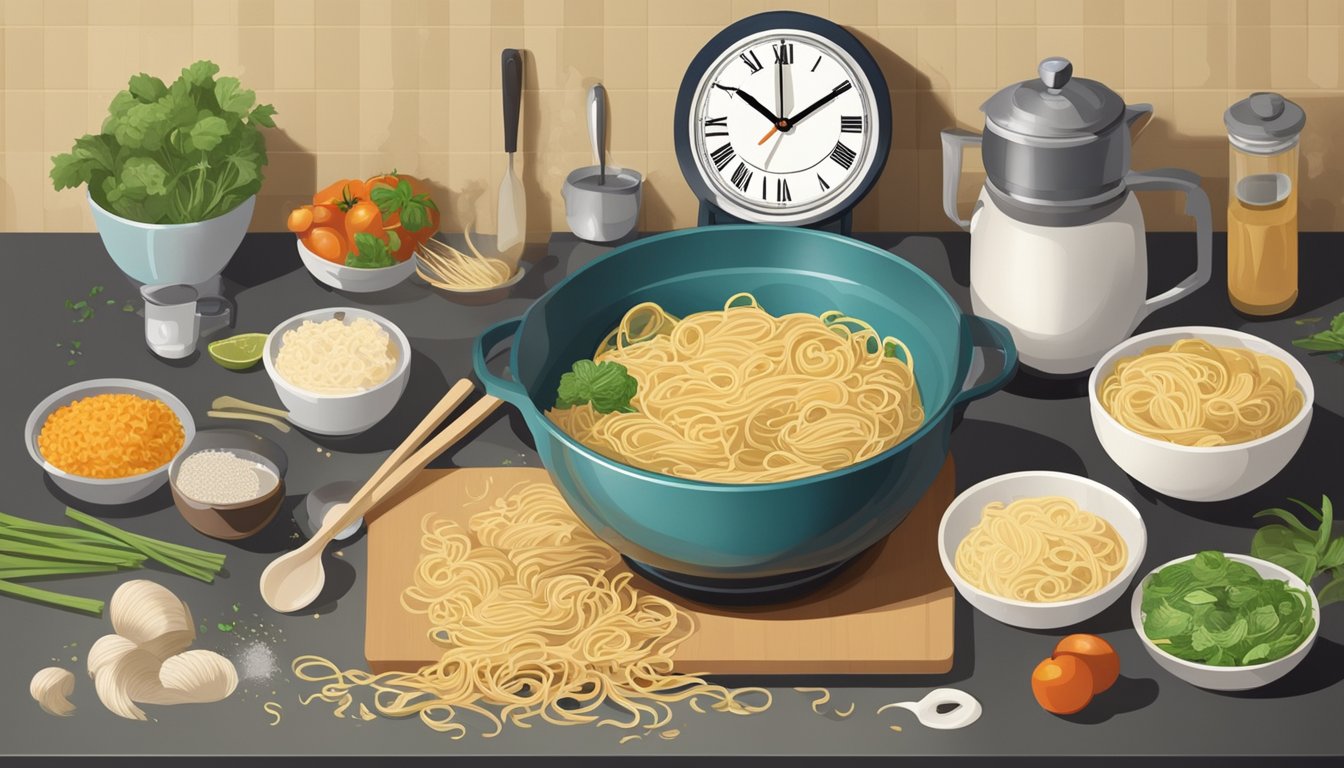 A steaming bowl of noodles sits on a kitchen counter, surrounded by various ingredients and utensils. A clock on the wall indicates the passage of time