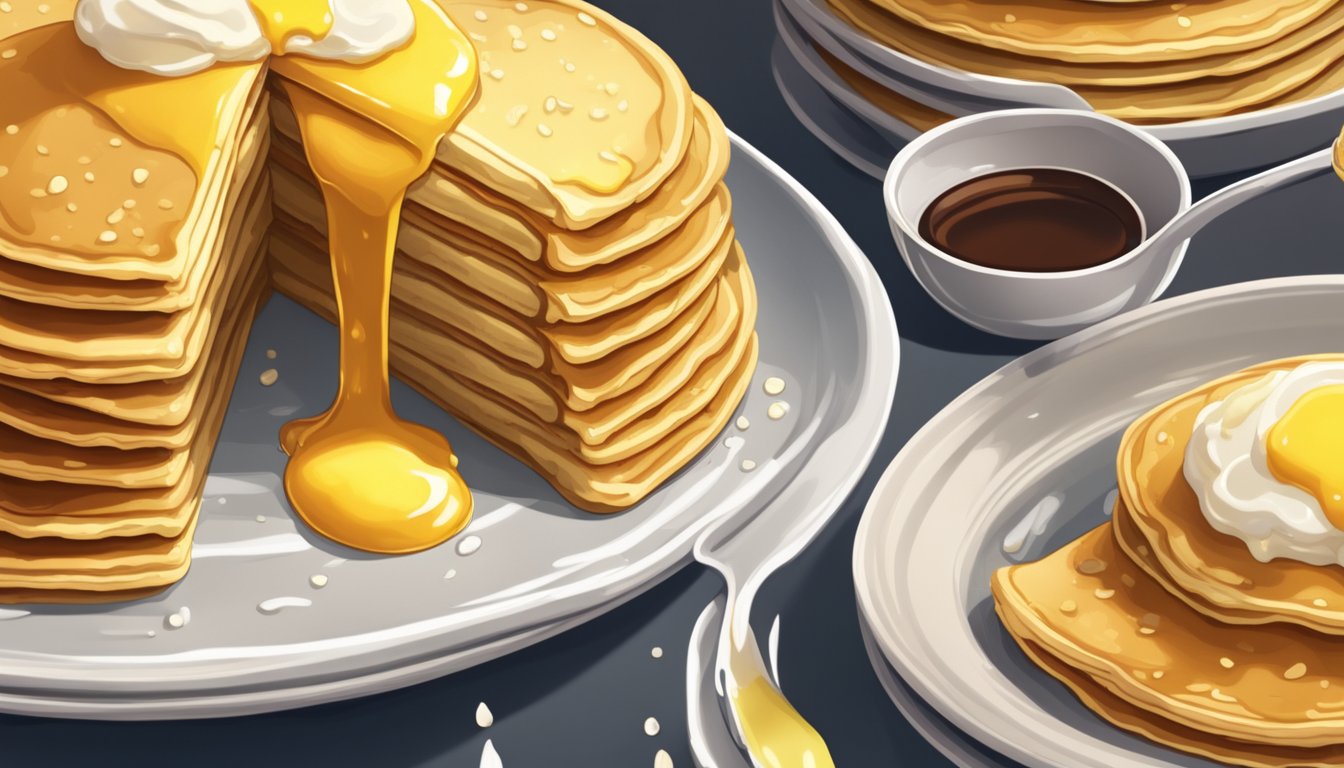 A stack of golden pancakes sits on a plate, steam rising from the fluffy surface. A dollop of butter slowly melts on top, with a drizzle of syrup cascading down the sides