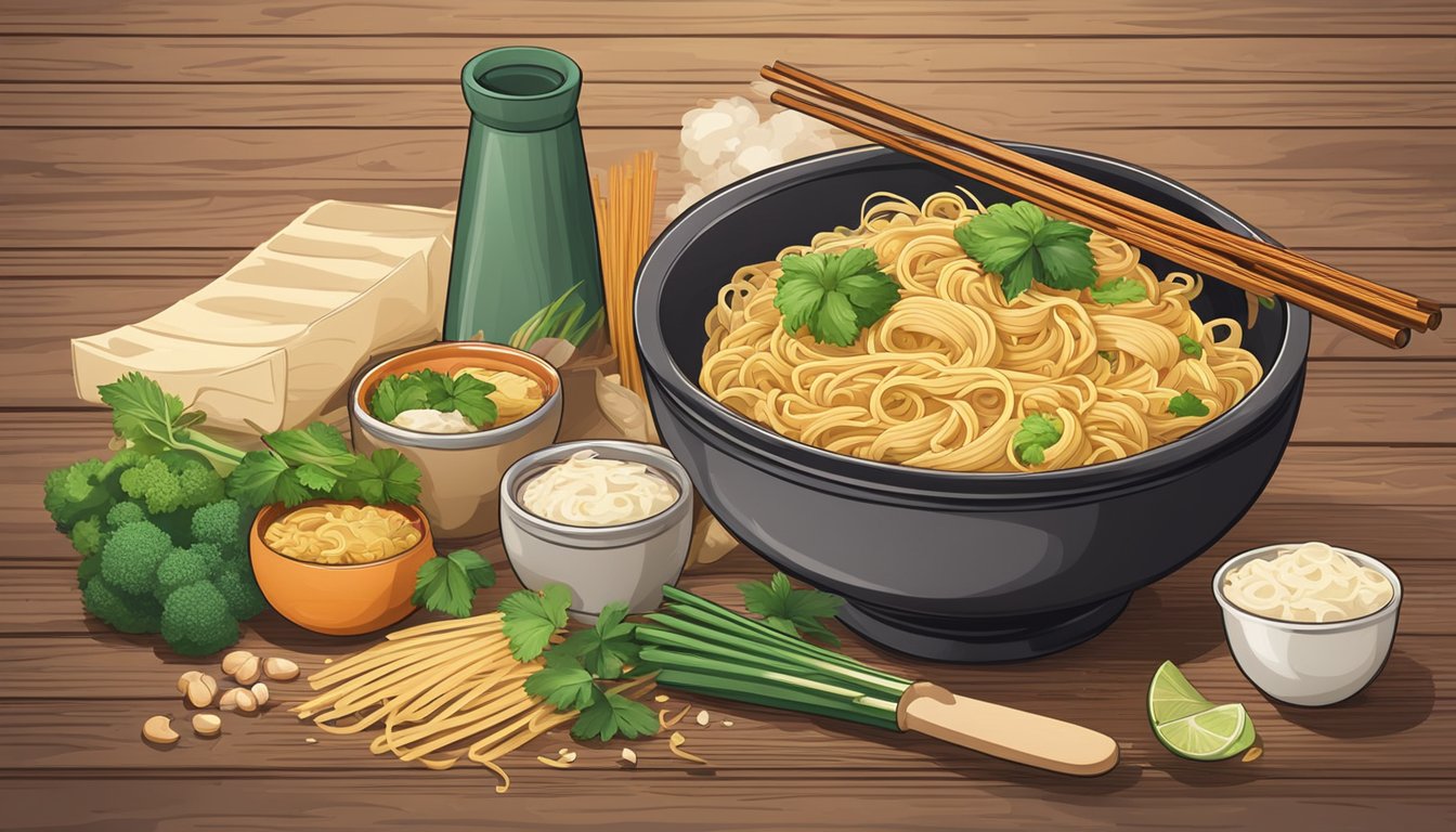 A steaming bowl of freshly prepared noodles sits on a rustic wooden table, surrounded by vibrant ingredients and cooking utensils