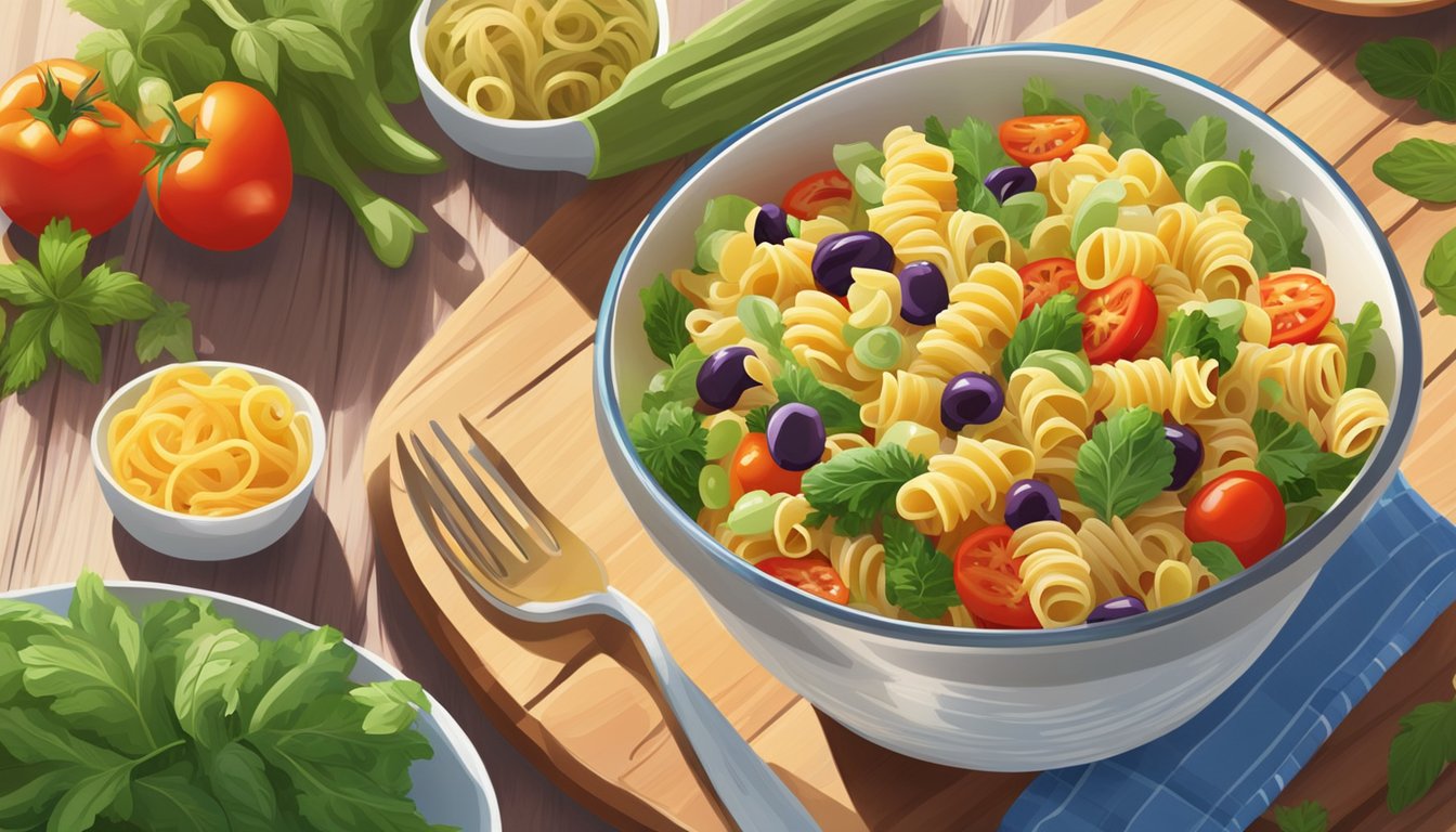 A colorful bowl of pasta salad sits on a picnic table, surrounded by fresh vegetables and herbs. The sun shines down, casting a warm glow on the dish