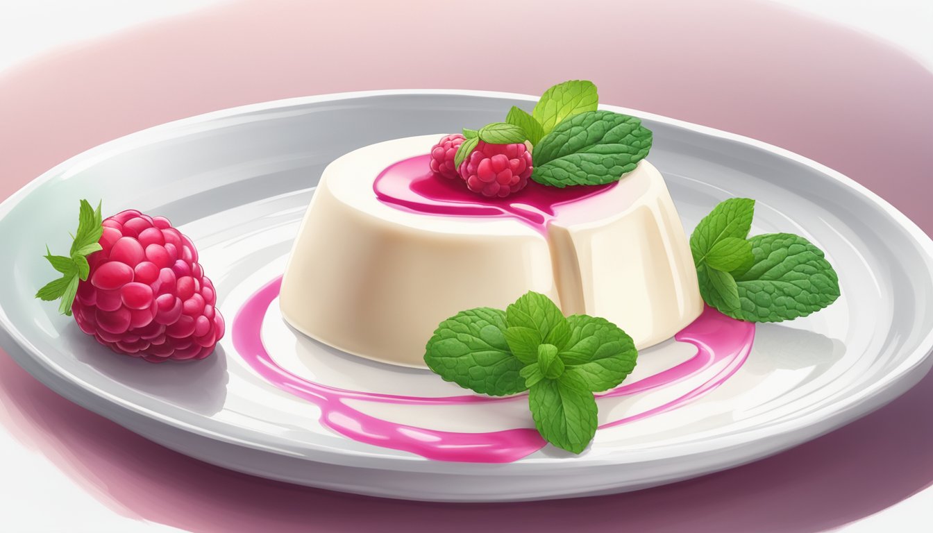 A small, delicate panna cotta dessert sits on a pristine white plate, surrounded by a drizzle of raspberry coulis and a sprinkle of fresh mint leaves