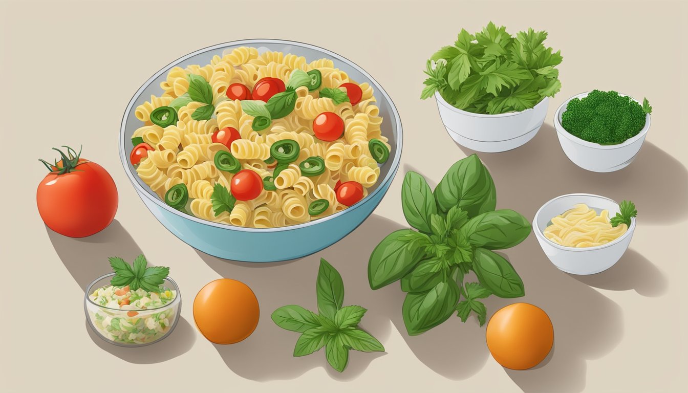 A bowl of pasta salad sits on a countertop, covered with plastic wrap. The salad is surrounded by various ingredients like tomatoes and herbs