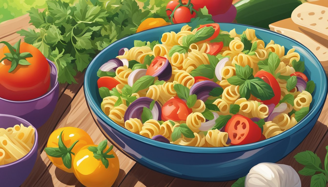 A colorful bowl of pasta salad sits on a picnic table, surrounded by fresh vegetables and herbs. The sun shines down, highlighting the vibrant colors of the dish