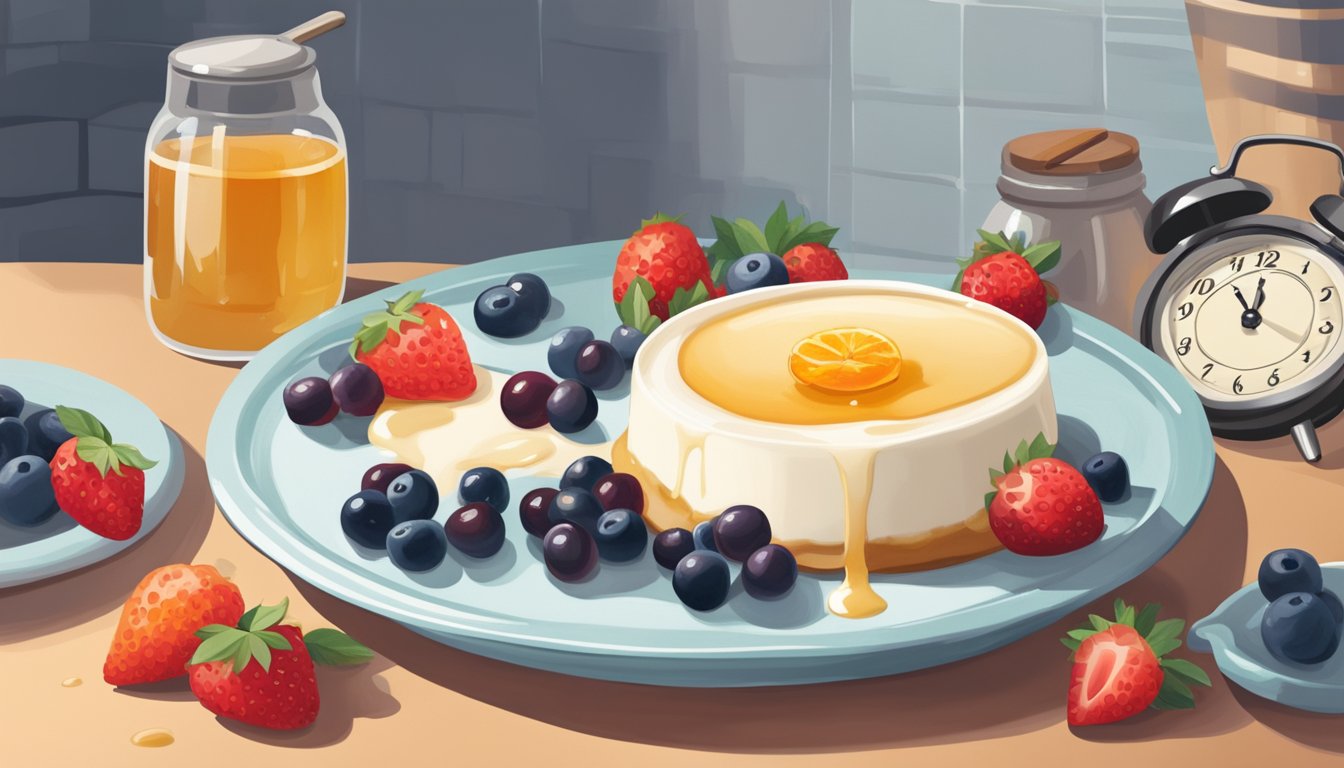 A small dish of panna cotta sits on a kitchen counter, surrounded by fresh berries and a drizzle of honey. A clock on the wall shows the time passing