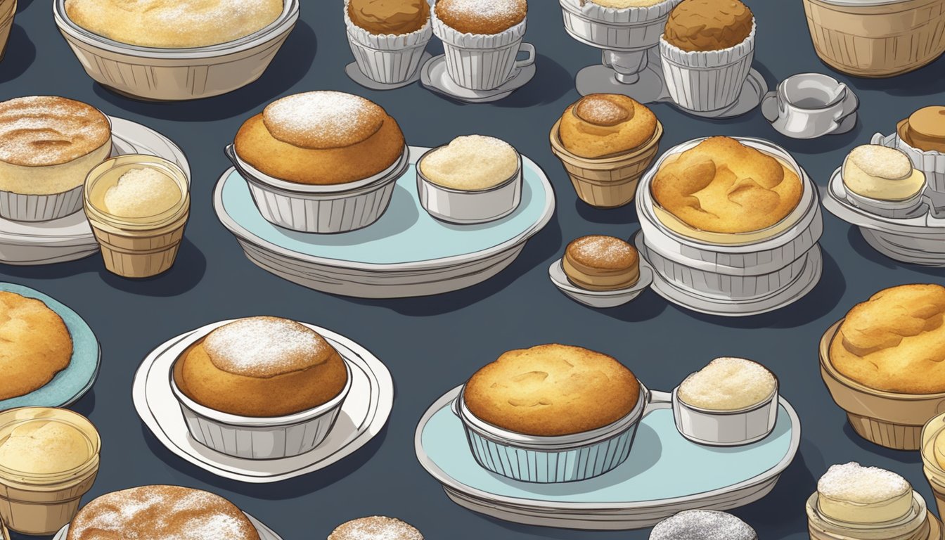 A table with various types of soufflés arranged on serving dishes, some still rising from the oven, while others have already settled