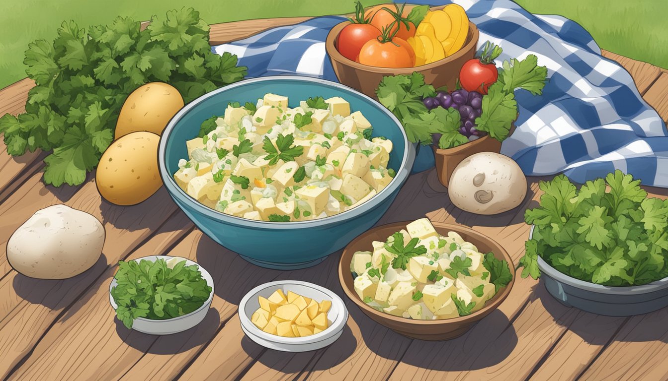 A bowl of potato salad sits on a picnic table, surrounded by fresh ingredients and a clock showing the time it was prepared