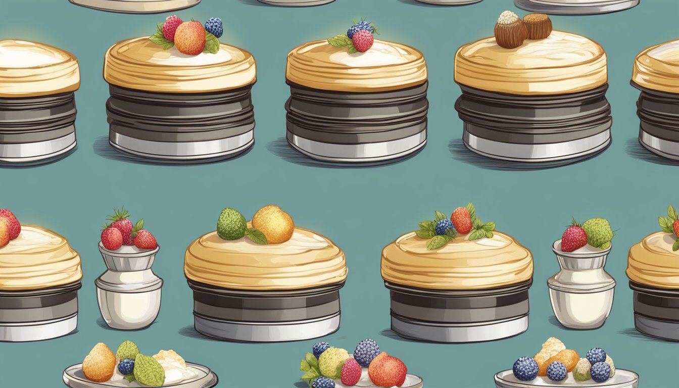 A table set with a row of freshly baked soufflés, steam rising from their golden, puffed tops, surrounded by decorative garnishes