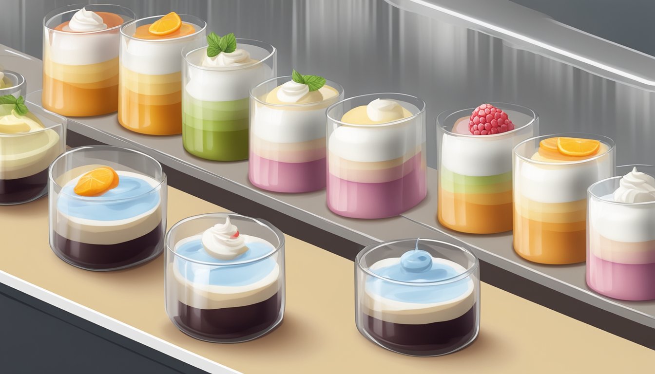 A row of panna cotta desserts arranged on a shelf, covered with plastic wrap and labeled with the date of preparation