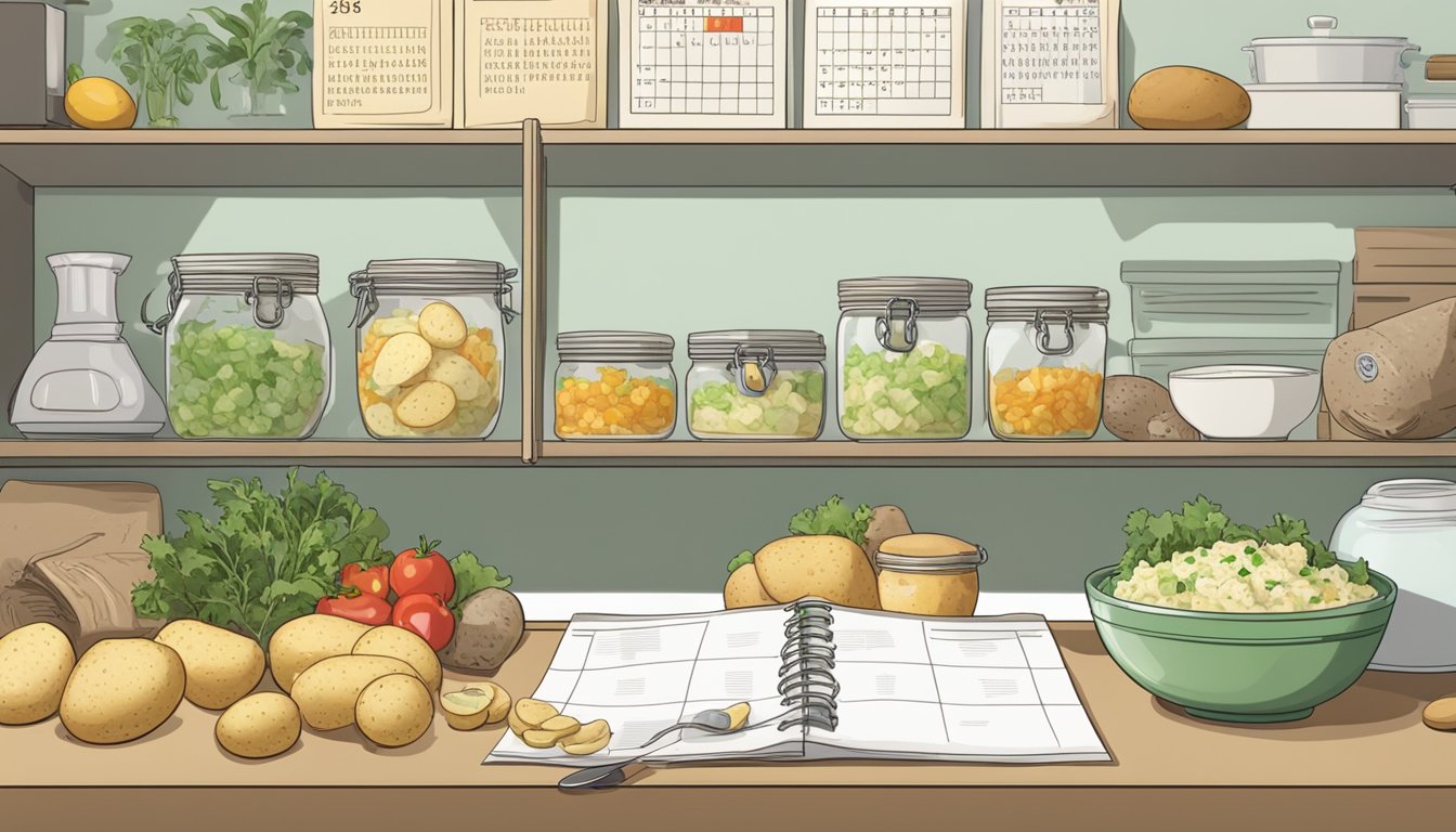 A bowl of potato salad sits on a shelf, surrounded by ingredients and a calendar indicating the passing of time